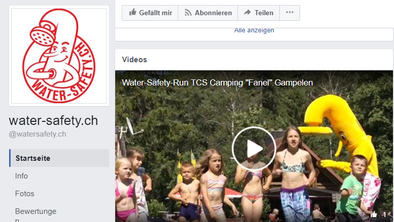 Online PR Water-Safety-Kampagne Facebook-Page: Die Facebookseite mit dem Kampagnenlogog und einem Impressionsvideo zur Kampagne. Das Logo der Kampagne, ein Kurzbeschrieb und die Kampagnenbotschaft werden als feste Informationen auf der Seite definiert. Der Account wird regelmässig betreut und mit beispielsweise Impressionen vom Eröffnungsevent aktuell gehalten.