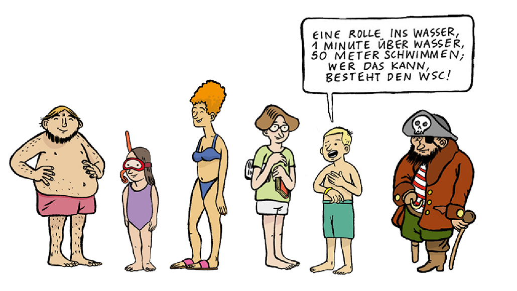 Online PR Wasser-Sicherheits-Check WSC: In der Kinderecke auf water-safety.ch soll ein interaktives Bild Kinder und Eltern mit dem WSC beschäftigen. Im Bild sind falsche Antworten und eine richtige Antwort auf die Frage «Worum geht es beim WSC?» versteckt. Ein Link führt vom interaktiven Bild zu einer Unterseite, wo ausführlich über den WSC informiert wird.